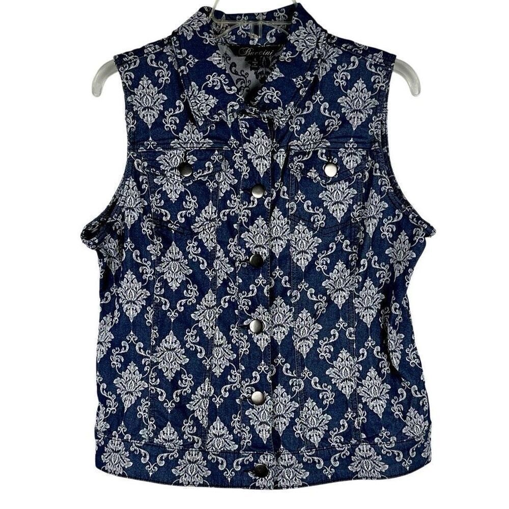 Baccini Floral Denim Style Sleeveless Button Down Collard Vest Large